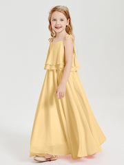 Long Chiffon Junior Bridesmaid Dresses Bowknot Spaghetti Straps Gold
