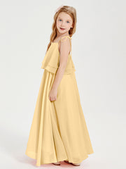 Long Chiffon Junior Bridesmaid Dresses Bowknot Spaghetti Straps Gold