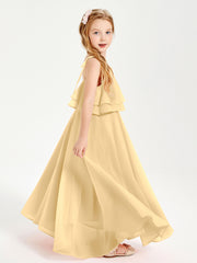 Long Chiffon Junior Bridesmaid Dresses Bowknot Spaghetti Straps Gold