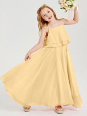 Long Chiffon Junior Bridesmaid Dresses Bowknot Spaghetti Straps Gold