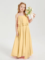 Long Chiffon Junior Bridesmaid Dresses Bowknot Spaghetti Straps Gold