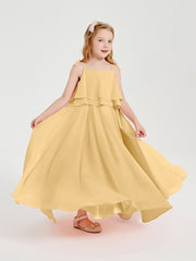 Long Chiffon Junior Bridesmaid Dresses Bowknot Spaghetti Straps Gold
