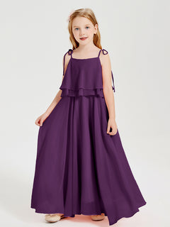 Long Chiffon Junior Bridesmaid Dresses Bowknot Spaghetti Straps Grape