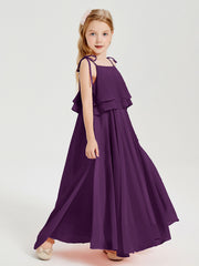 Long Chiffon Junior Bridesmaid Dresses Bowknot Spaghetti Straps Grape