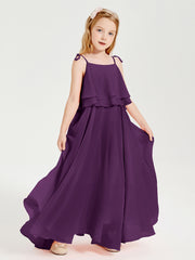 Long Chiffon Junior Bridesmaid Dresses Bowknot Spaghetti Straps Grape