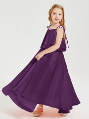 Long Chiffon Junior Bridesmaid Dresses Bowknot Spaghetti Straps Grape