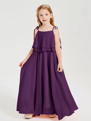Long Chiffon Junior Bridesmaid Dresses Bowknot Spaghetti Straps Grape