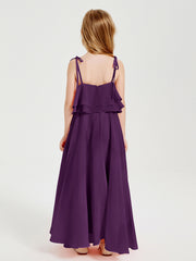 Long Chiffon Junior Bridesmaid Dresses Bowknot Spaghetti Straps Grape