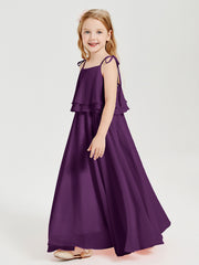 Long Chiffon Junior Bridesmaid Dresses Bowknot Spaghetti Straps Grape