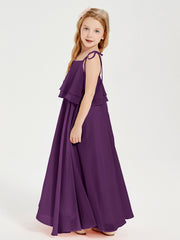 Long Chiffon Junior Bridesmaid Dresses Bowknot Spaghetti Straps Grape