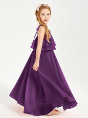 Long Chiffon Junior Bridesmaid Dresses Bowknot Spaghetti Straps Grape