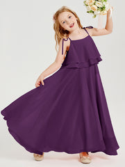 Long Chiffon Junior Bridesmaid Dresses Bowknot Spaghetti Straps Grape