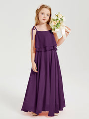 Long Chiffon Junior Bridesmaid Dresses Bowknot Spaghetti Straps Grape