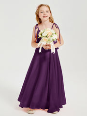 Long Chiffon Junior Bridesmaid Dresses Bowknot Spaghetti Straps Grape