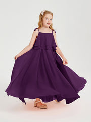 Long Chiffon Junior Bridesmaid Dresses Bowknot Spaghetti Straps Grape