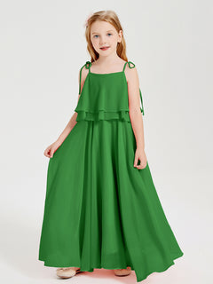 Long Chiffon Junior Bridesmaid Dresses Bowknot Spaghetti Straps Green