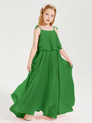 Long Chiffon Junior Bridesmaid Dresses Bowknot Spaghetti Straps Green