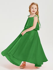 Long Chiffon Junior Bridesmaid Dresses Bowknot Spaghetti Straps Green