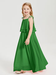 Long Chiffon Junior Bridesmaid Dresses Bowknot Spaghetti Straps Green