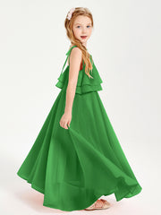 Long Chiffon Junior Bridesmaid Dresses Bowknot Spaghetti Straps Green