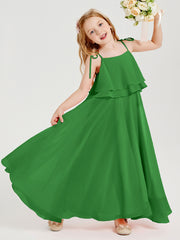 Long Chiffon Junior Bridesmaid Dresses Bowknot Spaghetti Straps Green