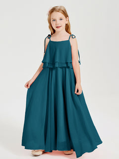 Long Chiffon Junior Bridesmaid Dresses Bowknot Spaghetti Straps Ink Blue