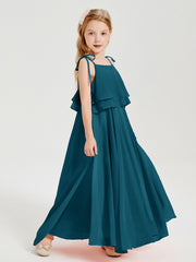 Long Chiffon Junior Bridesmaid Dresses Bowknot Spaghetti Straps Ink Blue