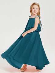 Long Chiffon Junior Bridesmaid Dresses Bowknot Spaghetti Straps Ink Blue