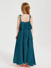 Long Chiffon Junior Bridesmaid Dresses Bowknot Spaghetti Straps Ink Blue