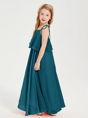 Long Chiffon Junior Bridesmaid Dresses Bowknot Spaghetti Straps Ink Blue