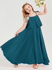 Long Chiffon Junior Bridesmaid Dresses Bowknot Spaghetti Straps Ink Blue