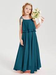 Long Chiffon Junior Bridesmaid Dresses Bowknot Spaghetti Straps Ink Blue