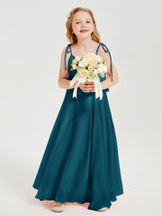 Long Chiffon Junior Bridesmaid Dresses Bowknot Spaghetti Straps Ink Blue