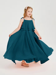 Long Chiffon Junior Bridesmaid Dresses Bowknot Spaghetti Straps Ink Blue