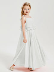 Long Chiffon Junior Bridesmaid Dresses Bowknot Spaghetti Straps Ivory