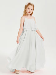 Long Chiffon Junior Bridesmaid Dresses Bowknot Spaghetti Straps Ivory