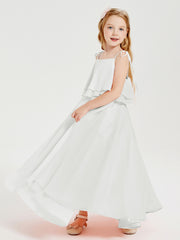 Long Chiffon Junior Bridesmaid Dresses Bowknot Spaghetti Straps Ivory