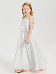 Long Chiffon Junior Bridesmaid Dresses Bowknot Spaghetti Straps Ivory