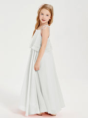 Long Chiffon Junior Bridesmaid Dresses Bowknot Spaghetti Straps Ivory