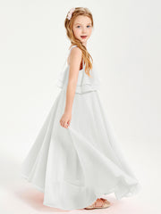 Long Chiffon Junior Bridesmaid Dresses Bowknot Spaghetti Straps Ivory