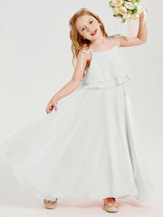 Long Chiffon Junior Bridesmaid Dresses Bowknot Spaghetti Straps Ivory