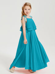 Long Chiffon Junior Bridesmaid Dresses Bowknot Spaghetti Straps Jade