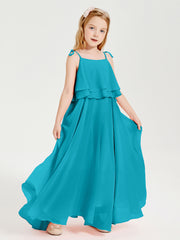 Long Chiffon Junior Bridesmaid Dresses Bowknot Spaghetti Straps Jade