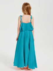Long Chiffon Junior Bridesmaid Dresses Bowknot Spaghetti Straps Jade