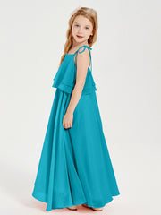 Long Chiffon Junior Bridesmaid Dresses Bowknot Spaghetti Straps Jade