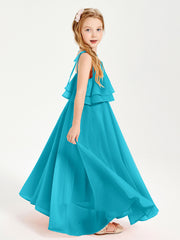 Long Chiffon Junior Bridesmaid Dresses Bowknot Spaghetti Straps Jade