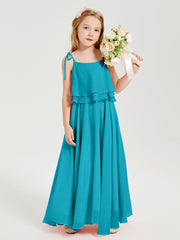 Long Chiffon Junior Bridesmaid Dresses Bowknot Spaghetti Straps Jade