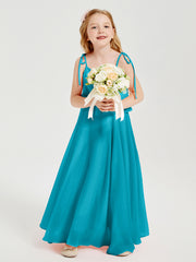 Long Chiffon Junior Bridesmaid Dresses Bowknot Spaghetti Straps Jade