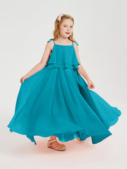 Long Chiffon Junior Bridesmaid Dresses Bowknot Spaghetti Straps Jade