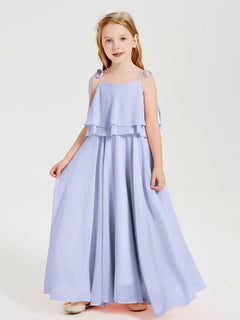 Long Chiffon Junior Bridesmaid Dresses Bowknot Spaghetti Straps Lavender